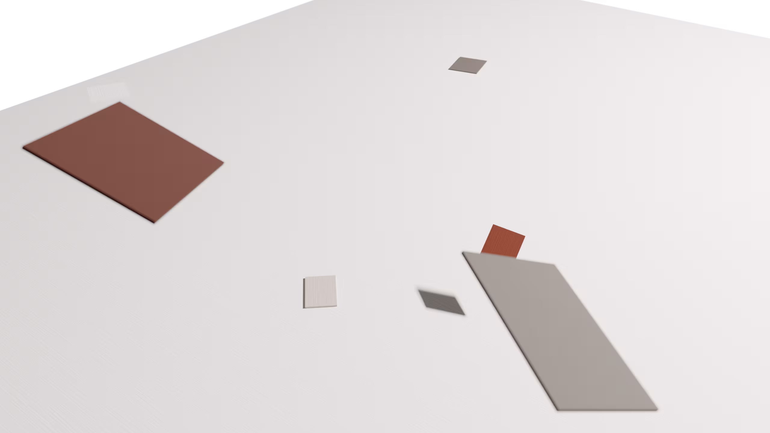 An empty cream paper desk under one hard window, six flat paper shards hanging in the air above it, two of them close enough to the lens to cut the corners of the frame.